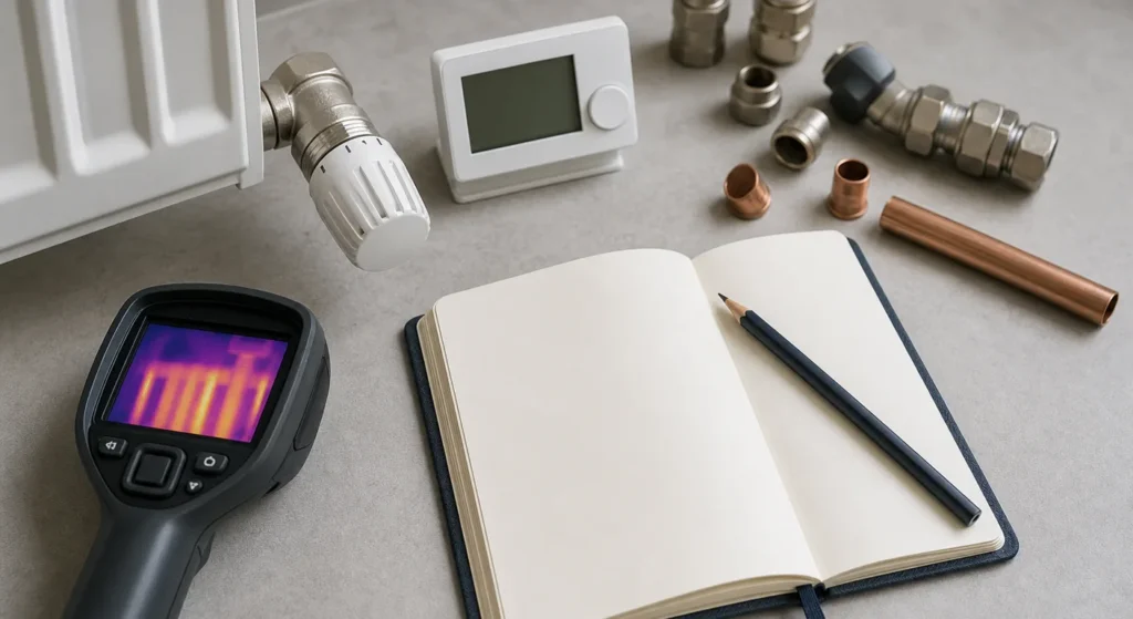 Illustrative central heating assessment tools and components